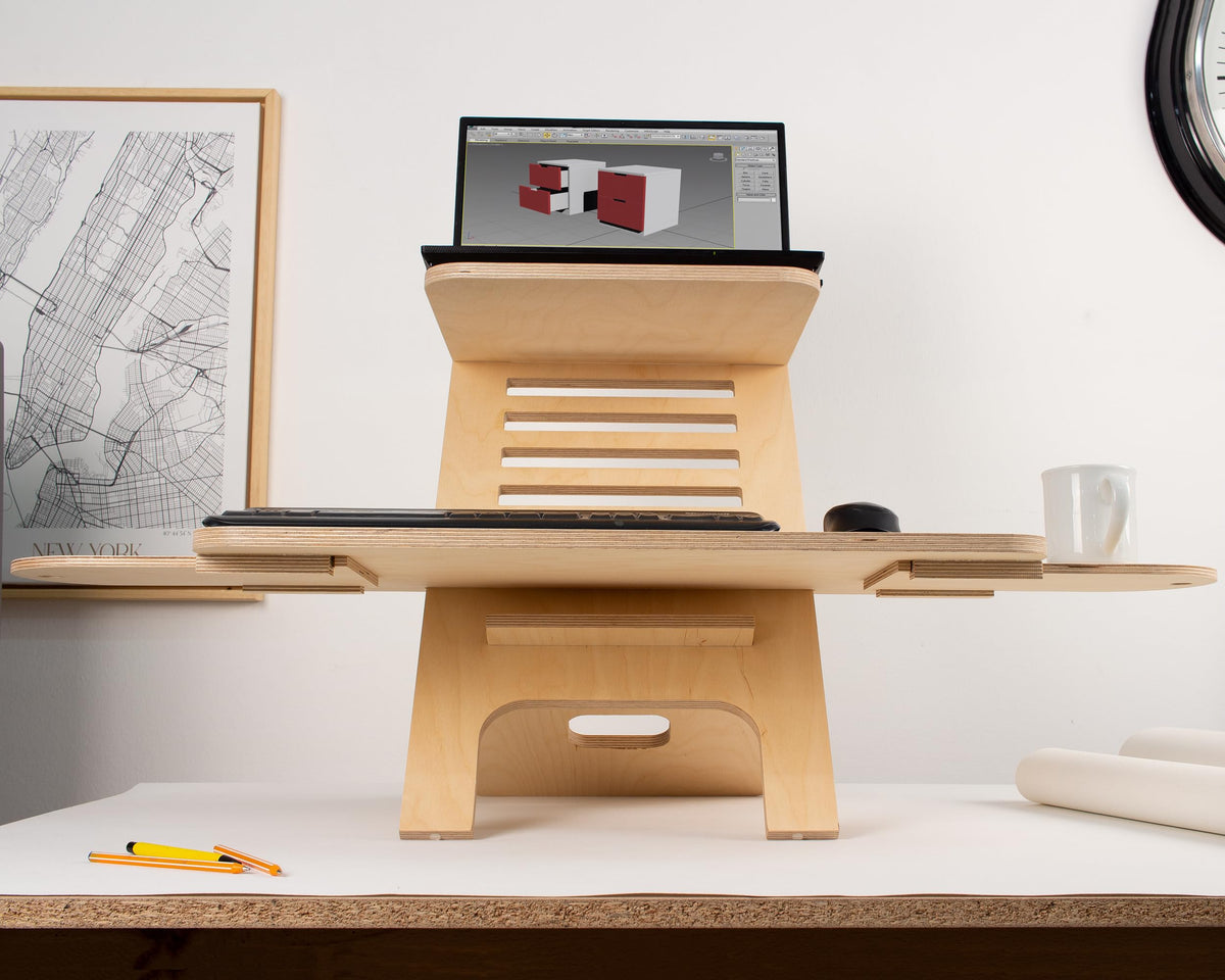 WOODCHES Adjustable Wood Laptop Stand, Standing Desk Converter, Workstation Deskstand, Handmade Birch Plywood Tabletop, Home Office, Monitor Stand Riser