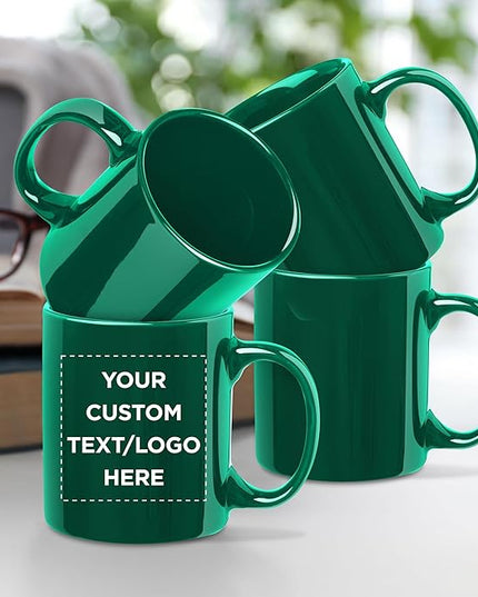 Custom Ceramic Coffee Mugs 11 oz. Set of 50, Personalized Bulk Pack - Coffee cup set, Iced coffee cup, Gaming mug - Green