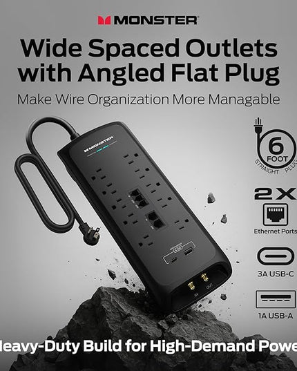 Monster Power Surge Protector w/ 4050 Joule Rating — Heavy Duty 6 FT Surge Protector Power Strip w/ 10 Outlets, 2 USB, 2 Coax, 2 Ethernet Ports — Fireproof MOV, Dual Mode, Clean Tech (Black)