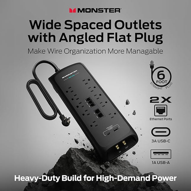 Monster Power Surge Protector w/ 4050 Joule Rating — Heavy Duty 6 FT Surge Protector Power Strip w/ 10 Outlets, 2 USB, 2 Coax, 2 Ethernet Ports — Fireproof MOV, Dual Mode, Clean Tech (Black)