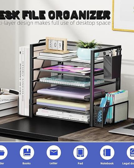 Simple Trending 6 Tier Desk File Organizer, Paper Letter Tray Organizer with File Holder and Pen Container, Black