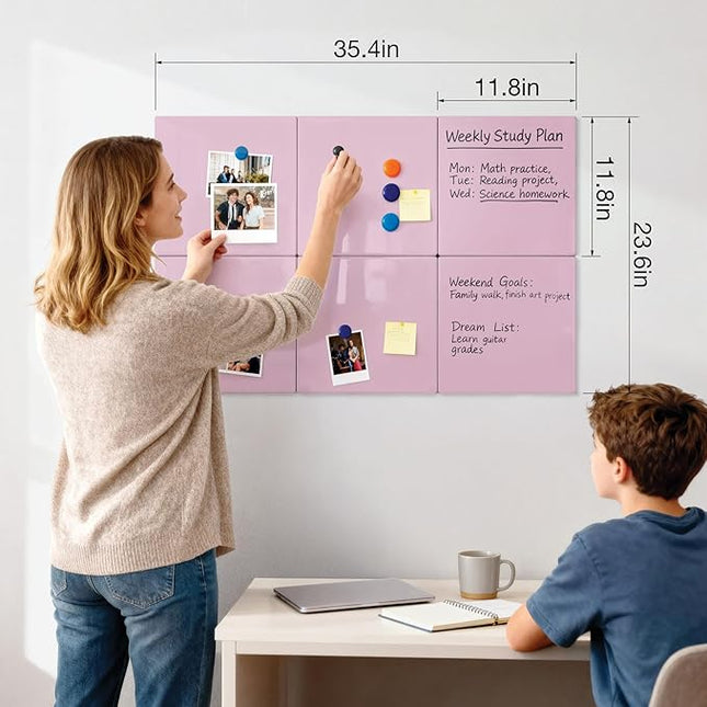 Comix Magnetic Dry Erase Board, 6 Pack, 11.8 x 11.8 Inches, Modular Whiteboard for Fridge, Office and Home, Small White Board Dry Erase Set for Kids, Students, Kitchen Organizer and Planner, Pink