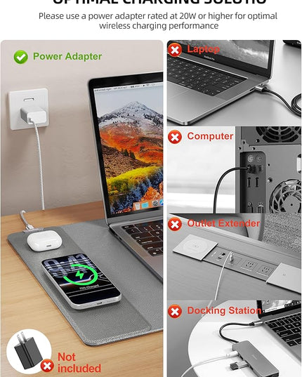 TopMade Mouse Pad with 15W Wireless Charging, XXL Large Leather Desk Mat, Waterproof Gaming Mousepad Home Office Desk Pad Protector, Computer Keyboard Pad, Mouse Mat for MacBook, PC, Laptop, Gray