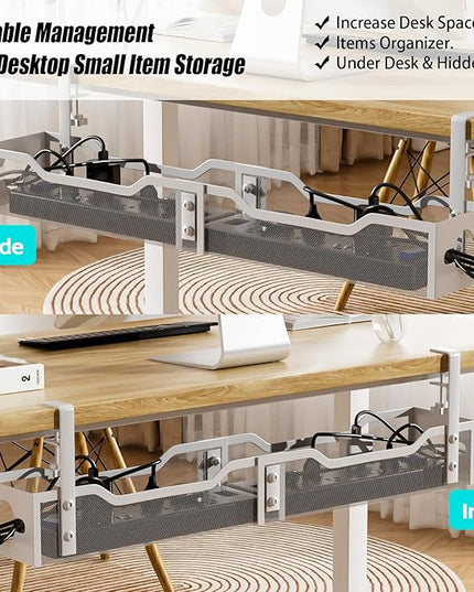 Under Desk Cable Management Tray 24.8", Quszmd Cable Organizer No Drill, Standing Cord Organizer and Wire Management Tray - No Damage to Desk, White