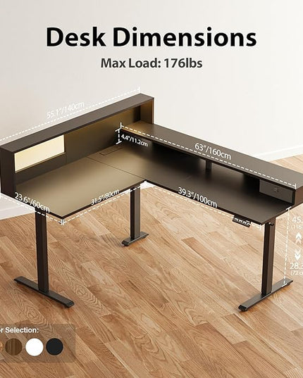 Agilestic L-Shaped Electric Standing Desk, 63x55 Inch Ergonomic Adjustable Height Desk with Storage, Stand Up Corner Desk Sit Stand Computer Table Power Outlet & LED Lights, Office Table, Black