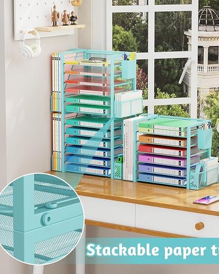 Simple Trending 6 Tier Desk File Organizer, Paper Letter Tray Organizer with File Holder and Pen Container, Blue