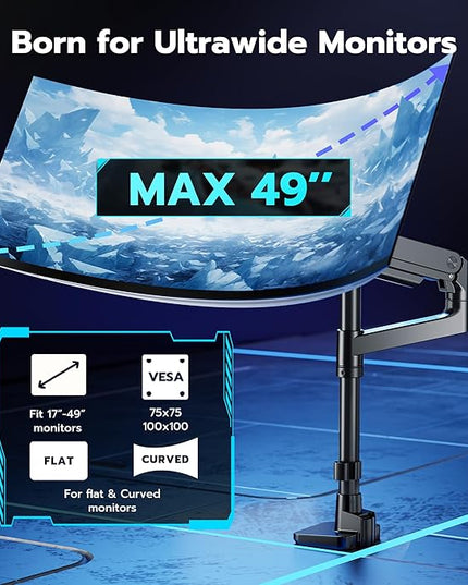ARES WING Single Monitor Arm Desk Mount for 17-49 Inch Ultrawide Monitors, Heavy Duty Single Monitor Arm Holds 44 lbs, Full Motion Gas Spring Vertical Desk Mount, 75/100 VESA Mount, Black
