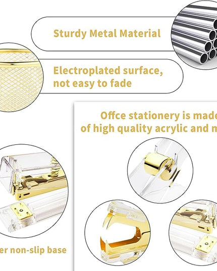 Gold Desk Accessories, Office Supplies Set with Acrylic Stapler, Tape Dispenser, Staple Remover, Pen Holder, Scissor, Binder Paper Clips, 1 Ballpoint Pen, 1 Clear Tape and 1000pcs Staples