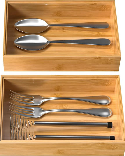 Silverware Tray for Drawer, Stackable Kitchen Bamboo Drawer Organizer 9" x 6" x 2" Set of 2