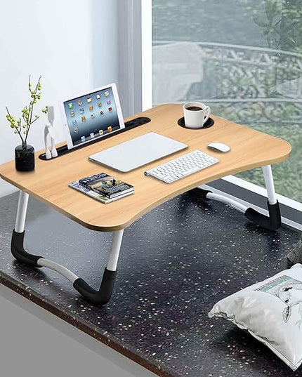 Slendor Lap Desk with Cup Holder, Foldable Laptop Table for Bed, Portable Bed Desk for Laptop and Writing, Computer Tray with Tablet Slot, Notebook Stand Reading Holder for Couch Sofa Floor,Walnut