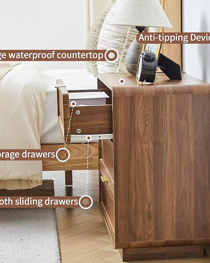 Modern Nightstand Set of 2 for Bedroom, 26'' Wide Wood 3 Drawers Bedside Table, Large Dresser w/Curved Profile Design, Side Table, End Table with Storage Drawers for Living Room, Entryway, Walnut