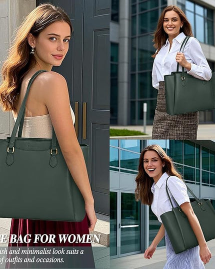 RAINSMORE Laptop Bag for Women 15.6 Inch Work Tote Bags Waterproof Computer Bags Leather Professional Laptop Purse Womens Laptop Briefcase Large Handbag for Office Teacher Travel, Green