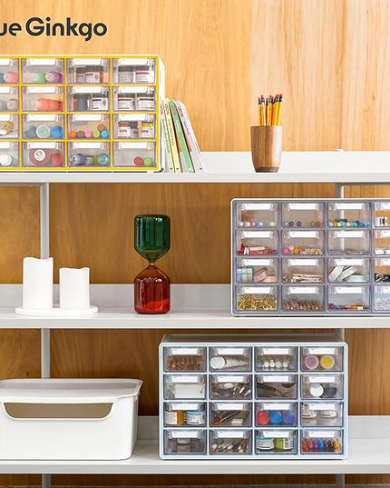 Blue Ginkgo Medium 16-Drawer Cabinet – Stackable Clear Organizer for Hardware, Beads, Plastic Bricks, Office, and Craft Storage (Made in Korea, Blue)