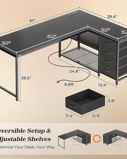 PRAISUN 61" L Shaped Desk with Power Outlets and USB-C Port, Reversible Computer Corner Office Desk with 4 Fabric Drawers and 2 Height-Adjustable Shelves, Large for Gaming Writing Work Study，Black