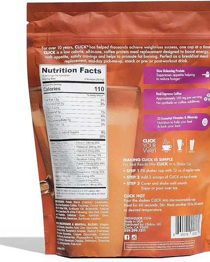 Click Coffee Protein Powder | Double Shot Espresso | 16g Protein | 23 Essential Vitamins | Low Calorie Meal Replacement | 150mg Caffeine | Gluten Free | No Artificial Flavors or Colors | Caramel