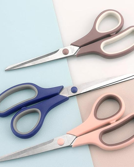 Scissors 8.5 Inch scissors all purpose Bulk Set of 3, Scissors for Office Home School Craft Supplies, Soft Comfort-Grip Right/Left Hand, Navy Blue, Pink, Brown