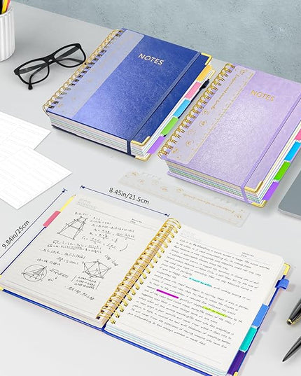 Hardcover Spiral Notebook Journal, 8"x10" Large B5 Notebooks with Removable Dividers Tabs, 300 Pages Leather 5 Subject Notebook College Ruled, Journal for Work School Note, 100 GSM Thick Paper,Blue