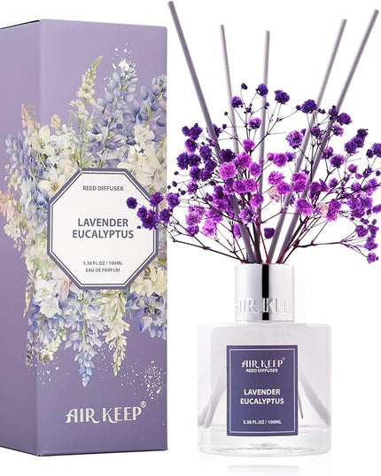 Airkeep Reed Diffuser Set,3.38 fl oz (100 ml) - Lavender Eucalyptus Oil Diffusers with 8 Reed Sticks, Home Fragrance Reed Diffuser for Bathroom Shelf Decor