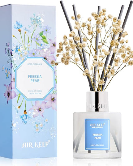 Airkeep Reed Diffuser Set,3.38 fl oz (100 ml) - Freesia Pear Oil Diffusers with 8 Reed Sticks, Home Fragrance Reed Diffuser for Bathroom Shelf Decor