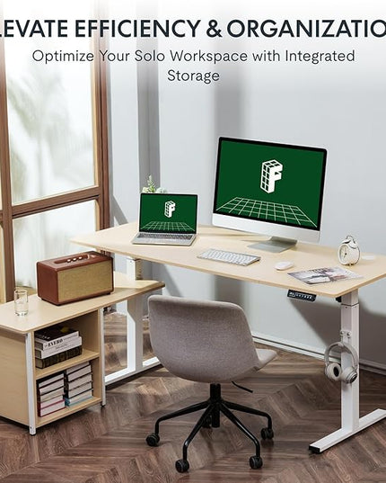 FLEXISPOT 55" L Shaped Standing Desk with Drawers and Shelves, Large Corner Stand Up Desk with Headphone Hooks for Home Office, Light Wood Grain Top+ White Frame