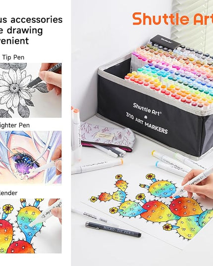 Shuttle Art 310 Colors Alcohol Markers, 309 Colors Dual Tip Art Marker Set Plus Colorless Blender, Micro-tip Pens, White Highlighter Pens, Marker Bag with Holders Perfect for Students Adults Coloring