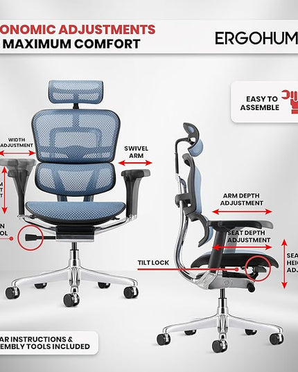 Ergohuman Eurotech ME7ERG GEN2 High Back Mesh Office Chair with Tilt Tension Control, Tilt Lock, Back Angle, Back Height, Synchro Tilt, Seat Height, Seat Depth, and Arm Height Adjustments, Blue