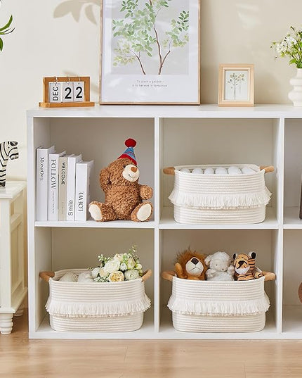 Storage Bins Woven Baskets for Storage Set of 3, Cotton Rope Basket with Handles for Toys/Shelves/Laundry, Rectangle Multi-Purpose Organizer for Living Room, Bedroom, Nursery (White)