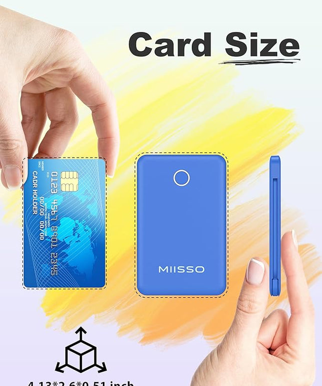 miisso 6000mah Ultra Slim Built in Cables Power Bank, Card Size Built in USB C Cords Battery Pack Portable Charger for Phones, 3 Output External Battery Pack Compatible with iPhone, Deep Blue