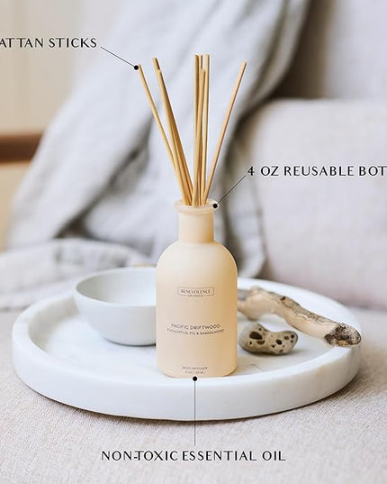 Benevolence LA Reed Diffuser for Home | Eucalyptus, Fig & Sandalwood | Elegant Home & Bathroom Decor | Fragrance Diffuser with Sticks for Bathroom - Malibu Sands Collection