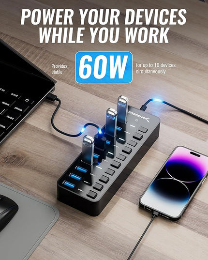 SABRENT 10-Port 60W USB 3.0 Hub with Individual Power Switches and LEDs, Includes 60W 12V/5A Power Adapter (HB-BU10)