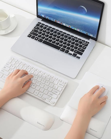 UnivoColors Design-Wave Set of Keyboad Wrist Rest & Mouce Pad,Artificial Sheepskin+Memory Foam+Ergonomic+Anti-Slip Gel, Resilience Support During Work and Gaming,Keyboard Accessory,White