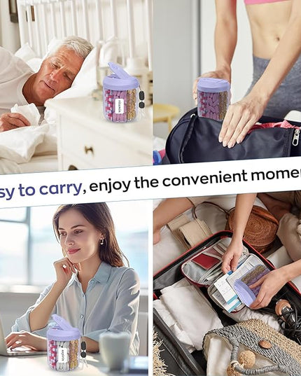 Pill Organizer with 7 Large Compartments, Pill Dispenser 4.4" H x 3.6" Dia for Travel, Supplement Organizer with Anti-Mixing Design, BPA-Free Pill Container with 20 Pcs Labels, Purple