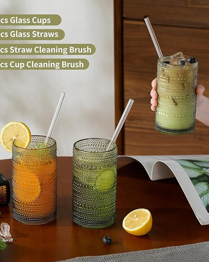 Vintage Hobnail Drinking Glasses Set of 6, 16 oz Large Capacity Embossed Green Tumblers, Highball Glasses for Water, Cocktail, Beer, Whiskey, Kitchen & Bar Use