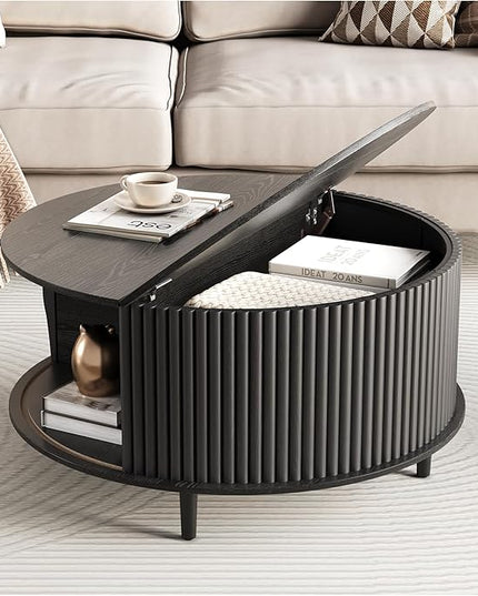 JOINICE,Black Round Coffee Table with Storage, 31.5" Fluted Center Table with Sliding Door, Modern Circle Drum Accent Table for Living Room, Sleek Wood Furniture for Small Spaces & Apartments