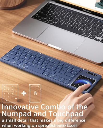 Nillkin Upgraded Foldable Bluetooth Keyboard with Touchpad & Number Pad, Portable Wireless Keyboard for Travel, Pocket-Sized, Full Size Keys, Support 3 Devices for iPad Laptop Tablets Phone, Blue