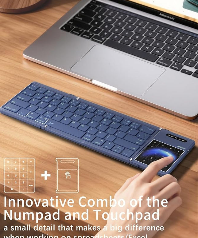 Nillkin Upgraded Foldable Bluetooth Keyboard with Touchpad & Number Pad, Portable Wireless Keyboard for Travel, Pocket-Sized, Full Size Keys, Support 3 Devices for iPad Laptop Tablets Phone, Blue