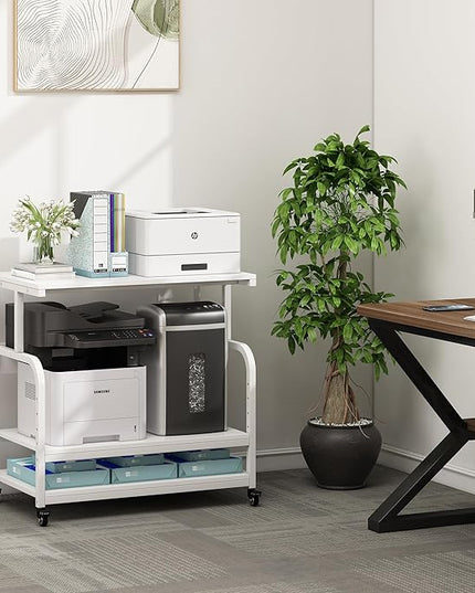 Printer Stand, 32.3" x 18.9" x 32.1" Extra Large Printer Table with Adjustable Storage Shelf, 3 Tier Rolling Printer Cart with Industrial Wheels for Home Office, White