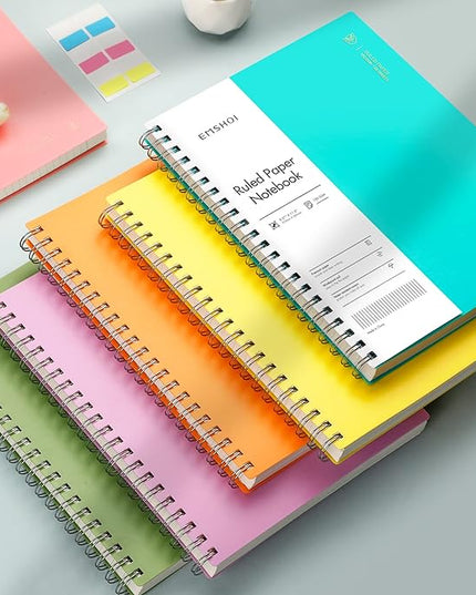 EMSHOI A4 Spiral Notebook College Ruled Lined Journal, 11.2" x 8.27", 300 Pages, 100gsm Thick Paper, Waterproof Softcover, Twin-Wire Binding, Sticky Notes, LightBlue