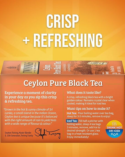 Twinings Ceylon Pure Black Tea Individually Wrapped Bags, 20 Count (Pack of 6), formerly Ceylon Orange Pekoe, Crisp, Refreshing, Caffeinated, Enjoy Hot or Iced, 120 Teabags