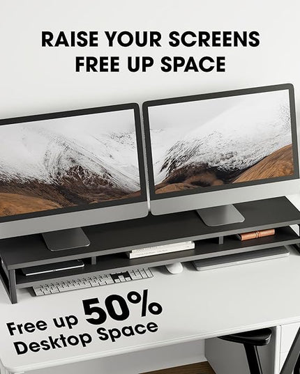 Fenge Dual Monitor Stand for Desk, 42.5in Large Monitor Riser for 2 Monitors, 2 Tier Computer Office Desk Top Shelf, Desktop Storage Stand for Laptop, PC, Computer, Printer