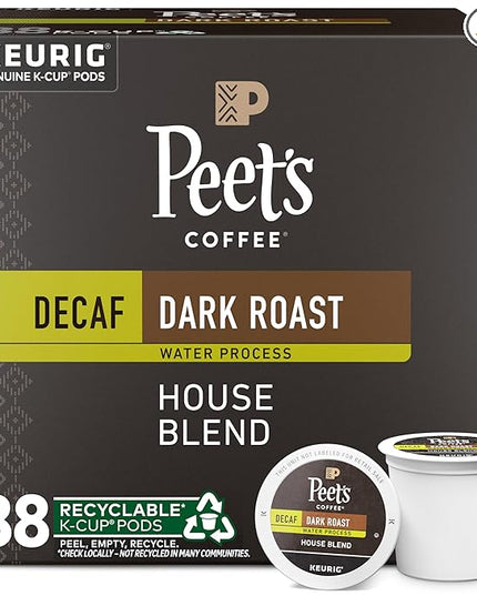 Peet's Coffee, Dark Roast Decaf Keurig K-Cup Pods, Decaffeinated Arabica Coffee - Decaf House Blend 88 Count (4 Boxes of 22 K-Cup Pods)
