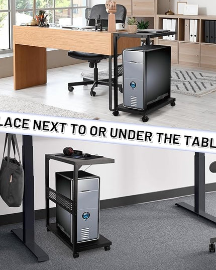 Large PC Stand Computer Tower Stand 2-Tier Metal CPU Holder with Locking Caster Wheels Suitable for Most PC (Black,XL)
