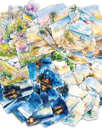 120PCS Large PET Nature Scenery Stickers for Journaling, 2.76 x 2.76 inches, 6 Assorted Landscape Scrapbook Stickers for Scrapbooking, Craft Art, Bujo, Junk Journal Supplies, Collage Decorative