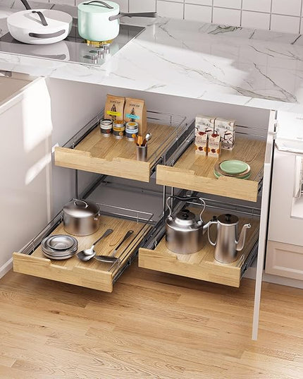 Sikarou Pull Out Cabinet Organizer,Heavy-Duty Slide Out Shelf, Wood and Wire Basket, Pull Out Drawer for for Kitchen Under Sink Space, Pantry, Bathroom, 2 Tie 14 * 21 in