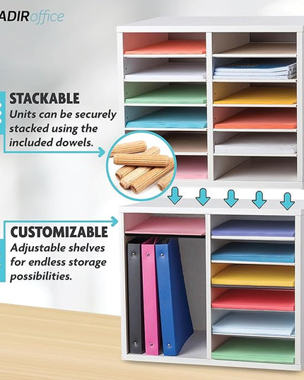 AdirOffice Wooden Adjustable Literature Organizer, 12 Compartment Office Mailbox, or Classroom Literature Organizer, White