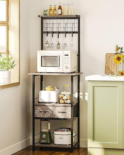 GiftGo Small Coffee Bar Station Narrow Corner Baker Rack Stand with 2 Storage Fabric Drawers 5 S Hooks for Small Spaces Farmhouse Bakers Rack for Kitchen, Entryway, Living Room (Grey, Narrow)