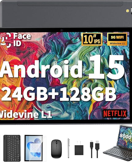 2026 Android Tablet with Keyboard, 24GB+128GB+2TB Expand, 10 inch Android 15 Tablet with Gemini AI, 8000mAh, BT 5.0, GMS Certified, 5G/2.4G WiFi, Tablets Pc with Mouse, Case, Stylus-Black Case