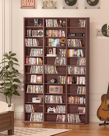 LELELINKY 11 Tier Tall Display Cabinet, Walnut Media Storage Cabinet with Adjustable Shelves, Free Standing DVD Organizer Shelf, Floor multimedia storage manga bookshelf for Living Room & Home Office.