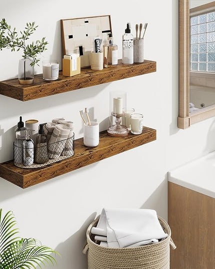 Fun Memories Floating Shelves 30 Inch, Wall Mounted Wood Shelf Set of 2, Farmhouse Decor for Bathroom, Bedroom, Kitchen, Living Room, Rustic Brown