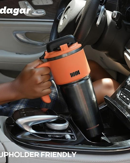 32 oz Stainless Steel Insulated Water Bottle with Handle, Sports Tumbler with Lid and Straw, Push-button Leak-proof Travel Cup, Fits in Car Cup Holder - Dynamic Orange